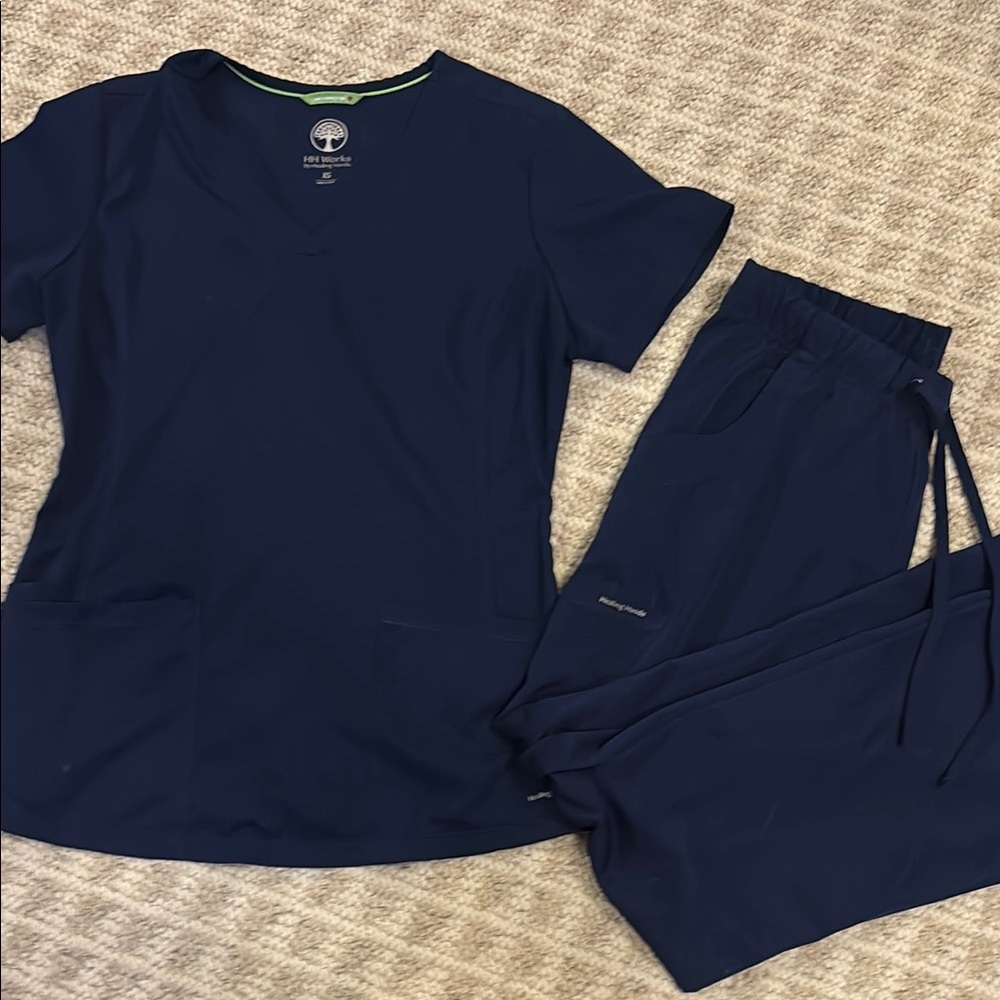 HH WORKS by Healing Hands Women's Small Navy Scrub Set with Green Trim